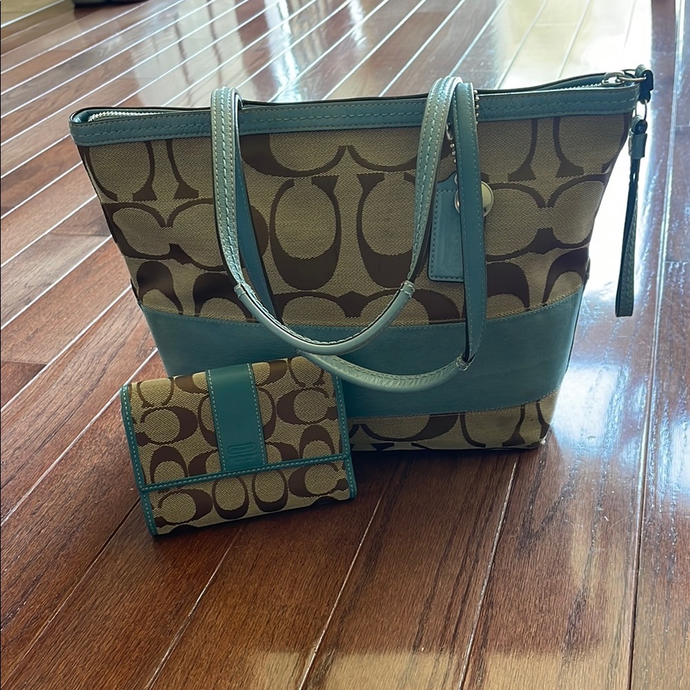 Coach Brown and Blue Signature Tote